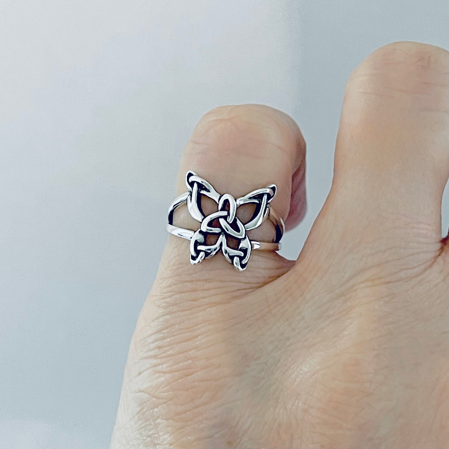 Sterling Silver Statement Triquetra Butterfly Ring – Celtic Trinity Knot Spirit Bug Silver Rings