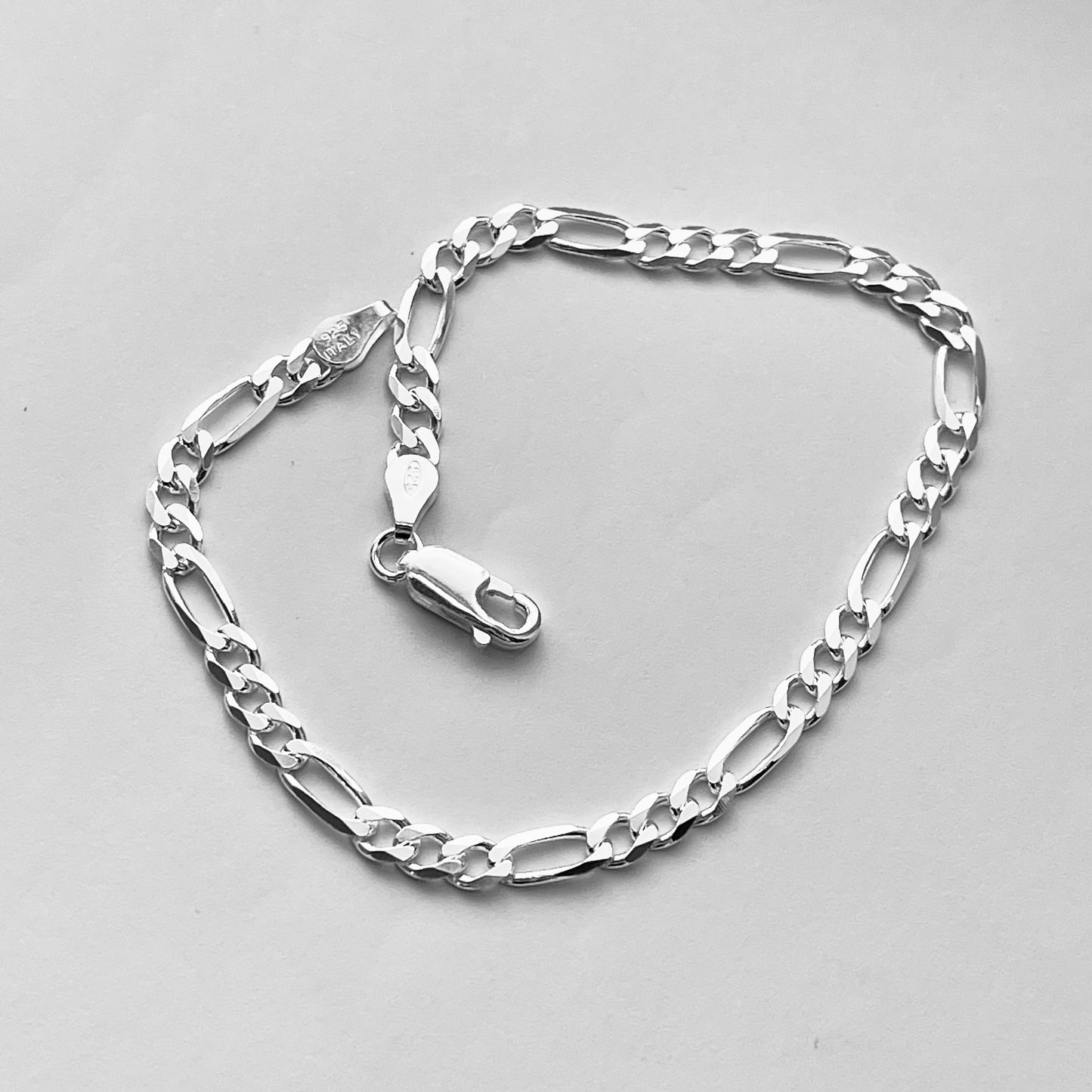 Sterling Silver Unisex High Polish 4mm Italian Figaro Bracelet, Link Chain, Silver Bracelets, Anklets