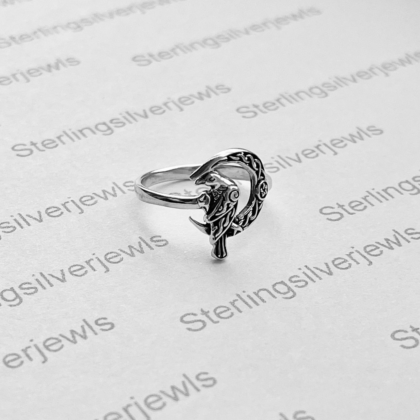 Sterling Silver Raven on Celtic Moon with Tiny Star Ring, Silver Bird Rings