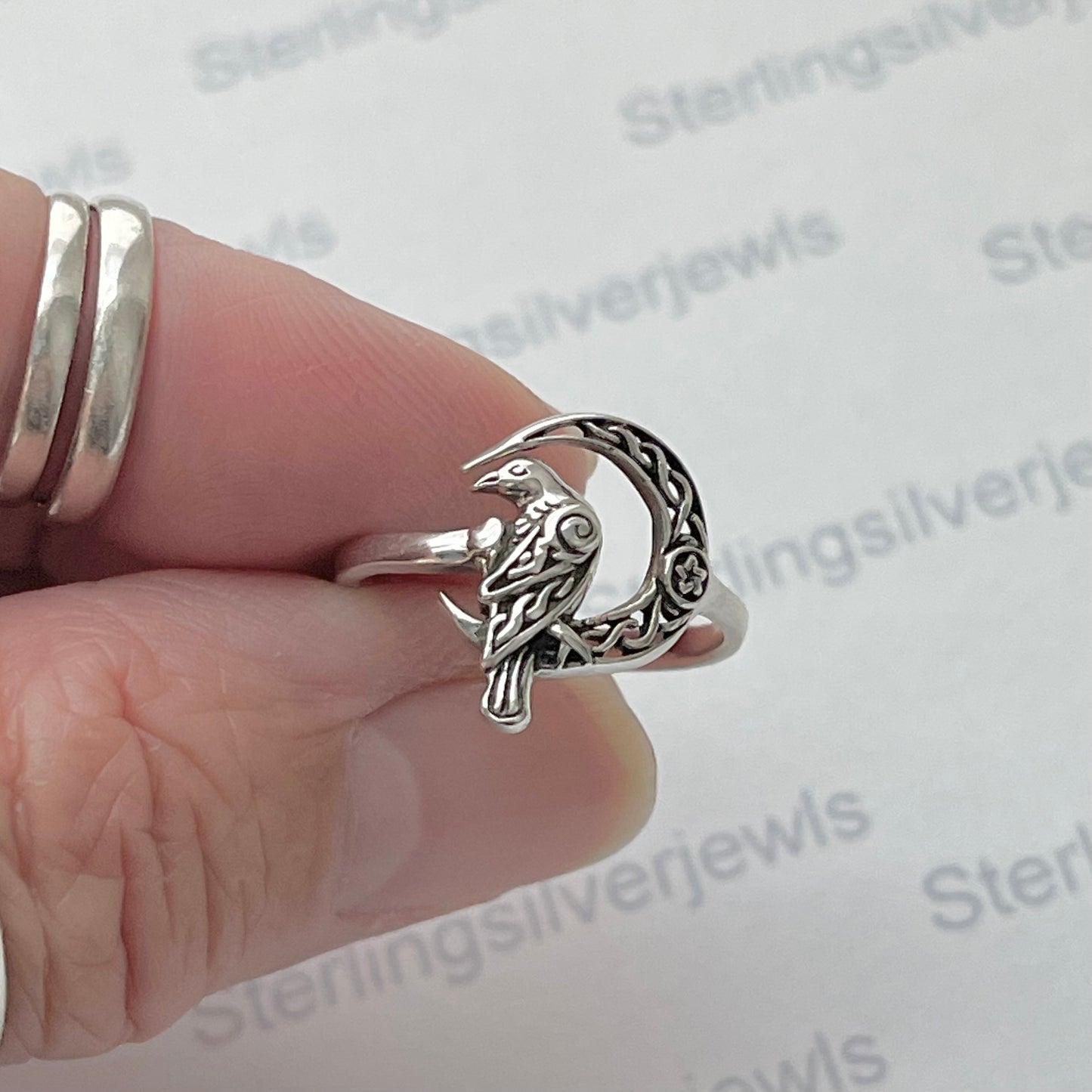 Sterling Silver Raven on Celtic Moon with Tiny Star Ring, Silver Bird Rings