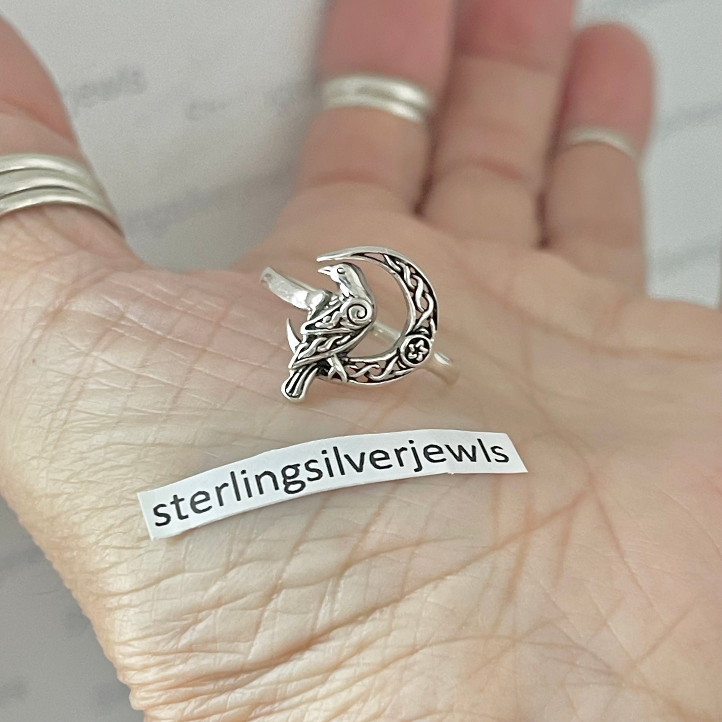 Sterling Silver Raven on Celtic Moon with Tiny Star Ring, Silver Bird Rings