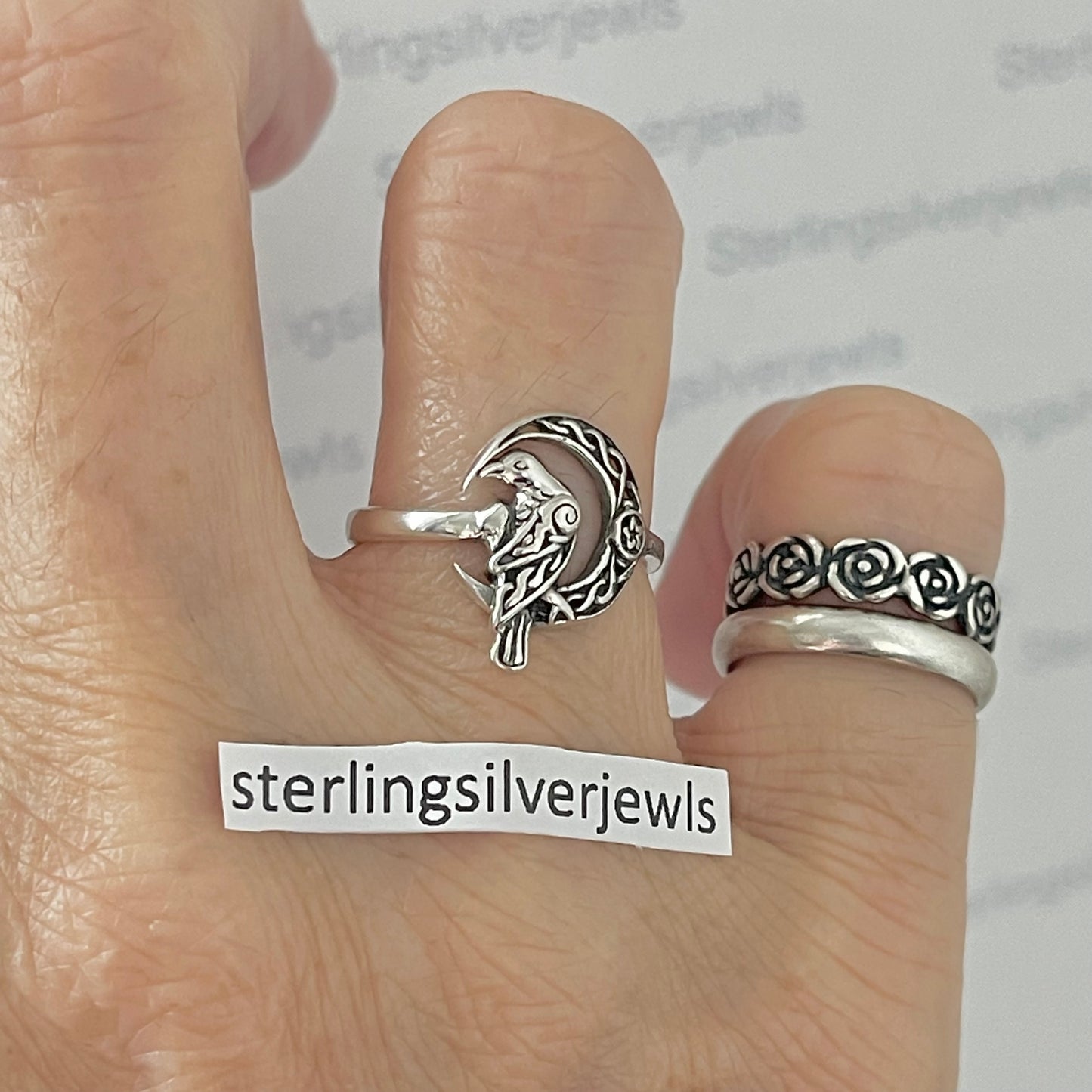 Sterling Silver Raven on Celtic Moon with Tiny Star Ring, Silver Bird Rings