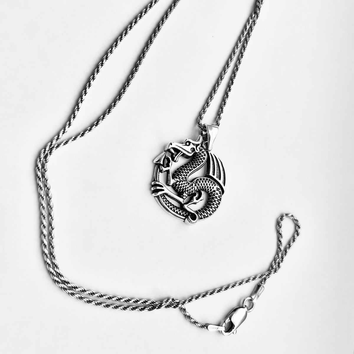 925 Sterling Silver Dragon Necklace | Unisex Serpentine Creature Pendant Chain