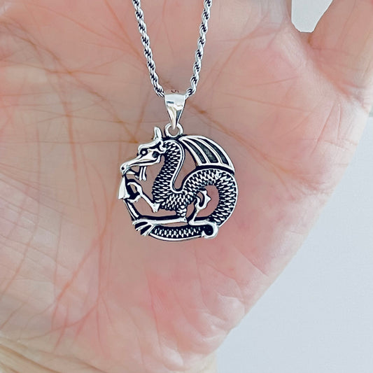 925 Sterling Silver Dragon Necklace | Unisex Serpentine Creature Pendant Chain