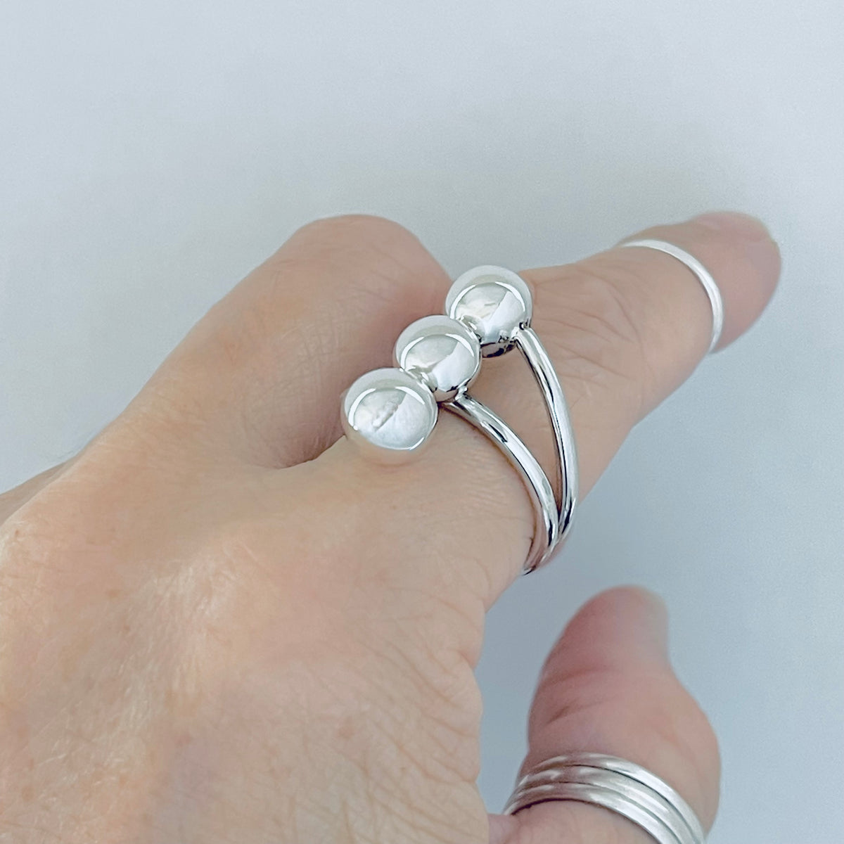 925 Sterling Silver Round Bands with Triple Ball Ring | Statement Boho Silver Rings
