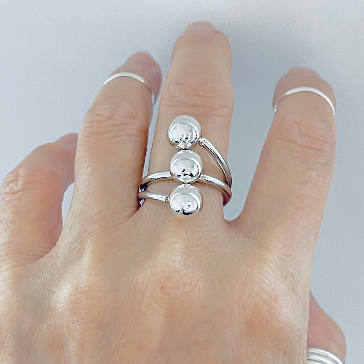 925 Sterling Silver Round Bands with Triple Ball Ring | Statement Boho Silver Rings