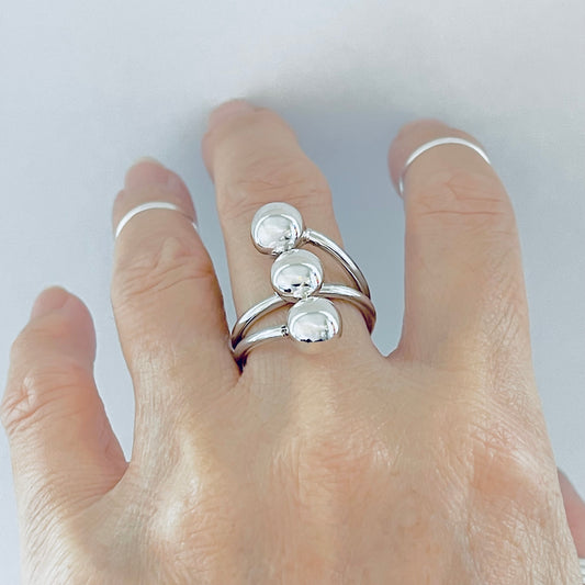 925 Sterling Silver Round Bands with Triple Ball Ring | Statement Boho Silver Rings