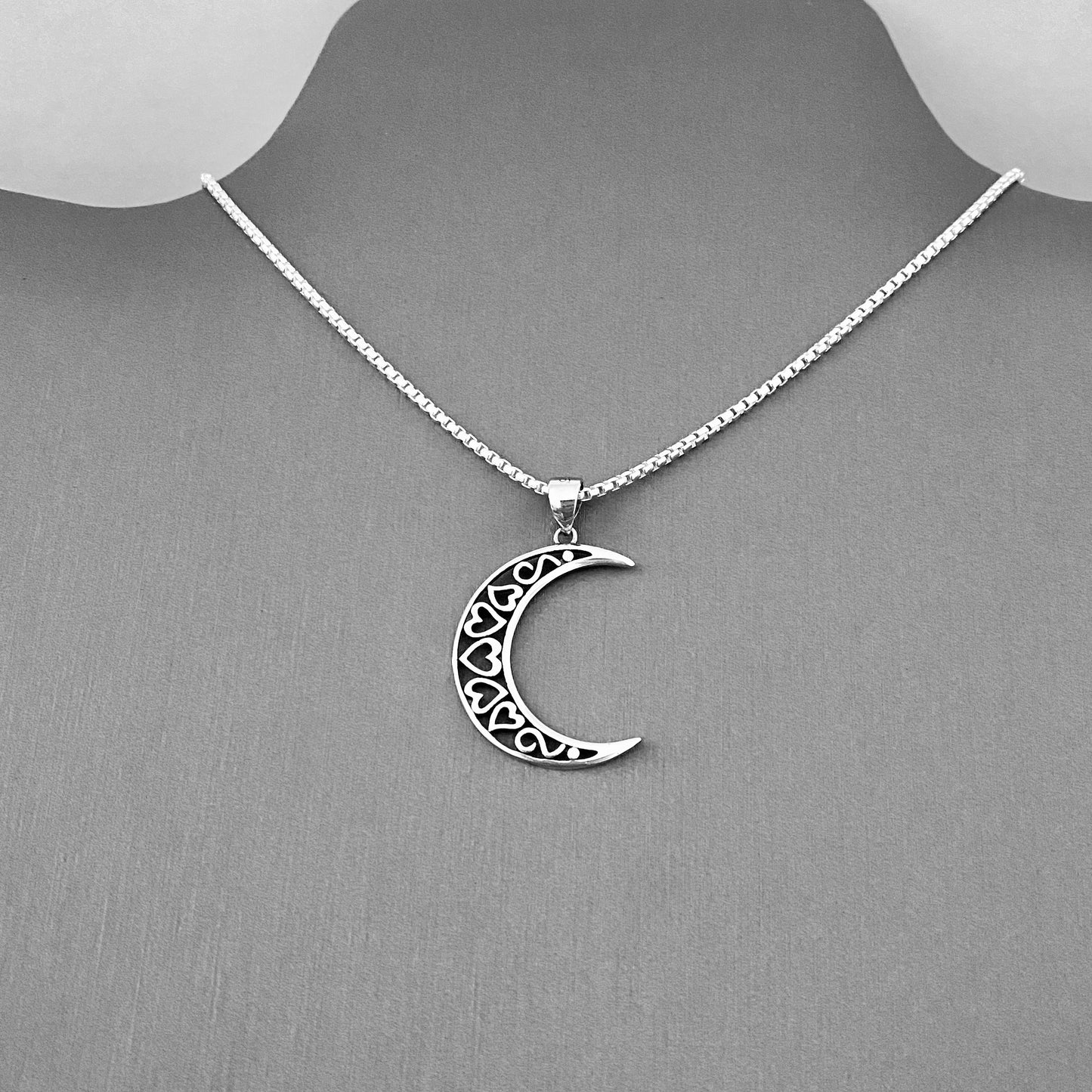 925 Sterling Silver Crescent Moon Hearts Necklace | Celestial & Love Jewelry