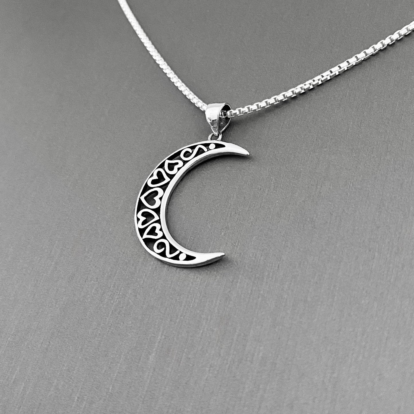 925 Sterling Silver Crescent Moon Hearts Necklace | Celestial & Love Jewelry