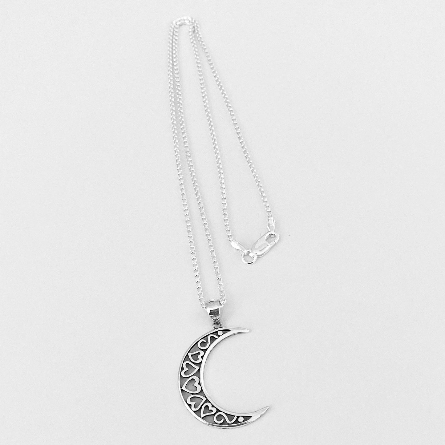 925 Sterling Silver Crescent Moon Hearts Necklace | Celestial & Love Jewelry