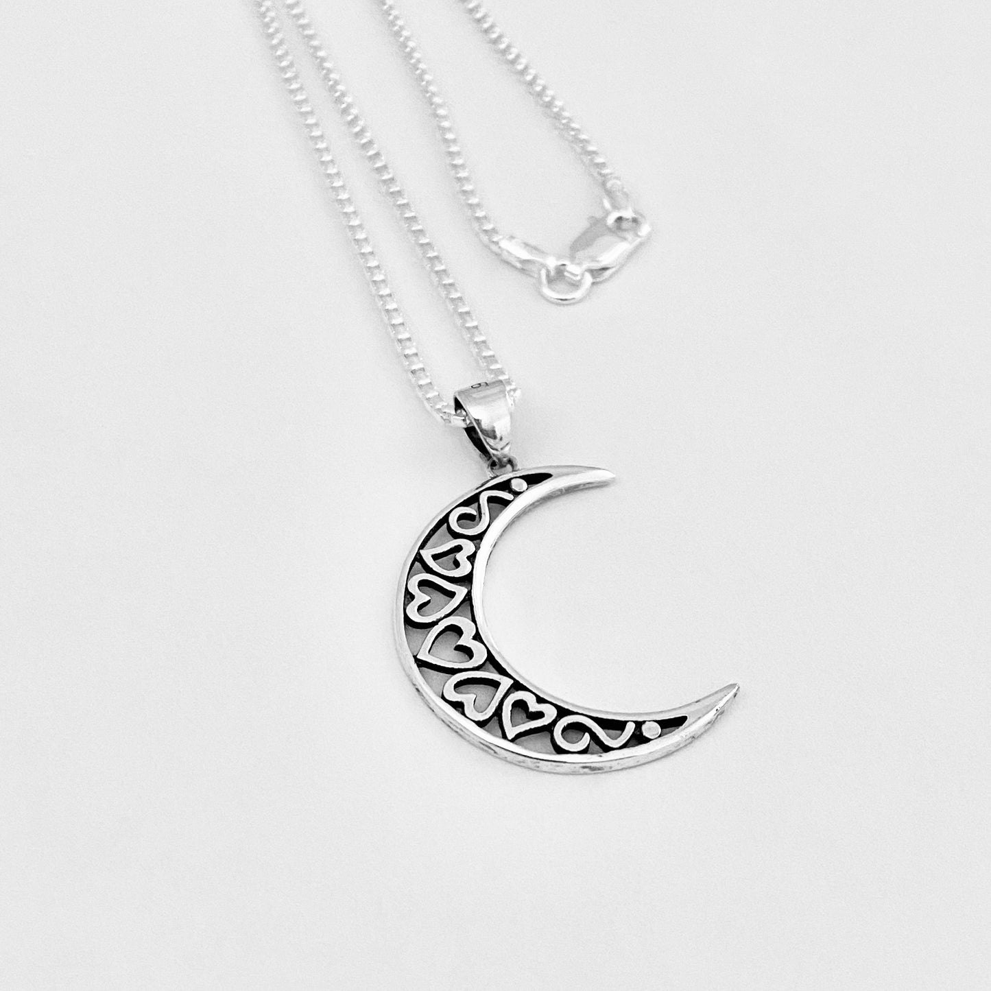 925 Sterling Silver Crescent Moon Hearts Necklace | Celestial & Love Jewelry