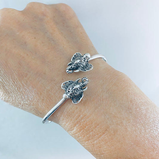Sterling Silver Ganesha Elephant Bangle with Round Band, Animal Bracelet, OM Bangles, Silver Bracelets
