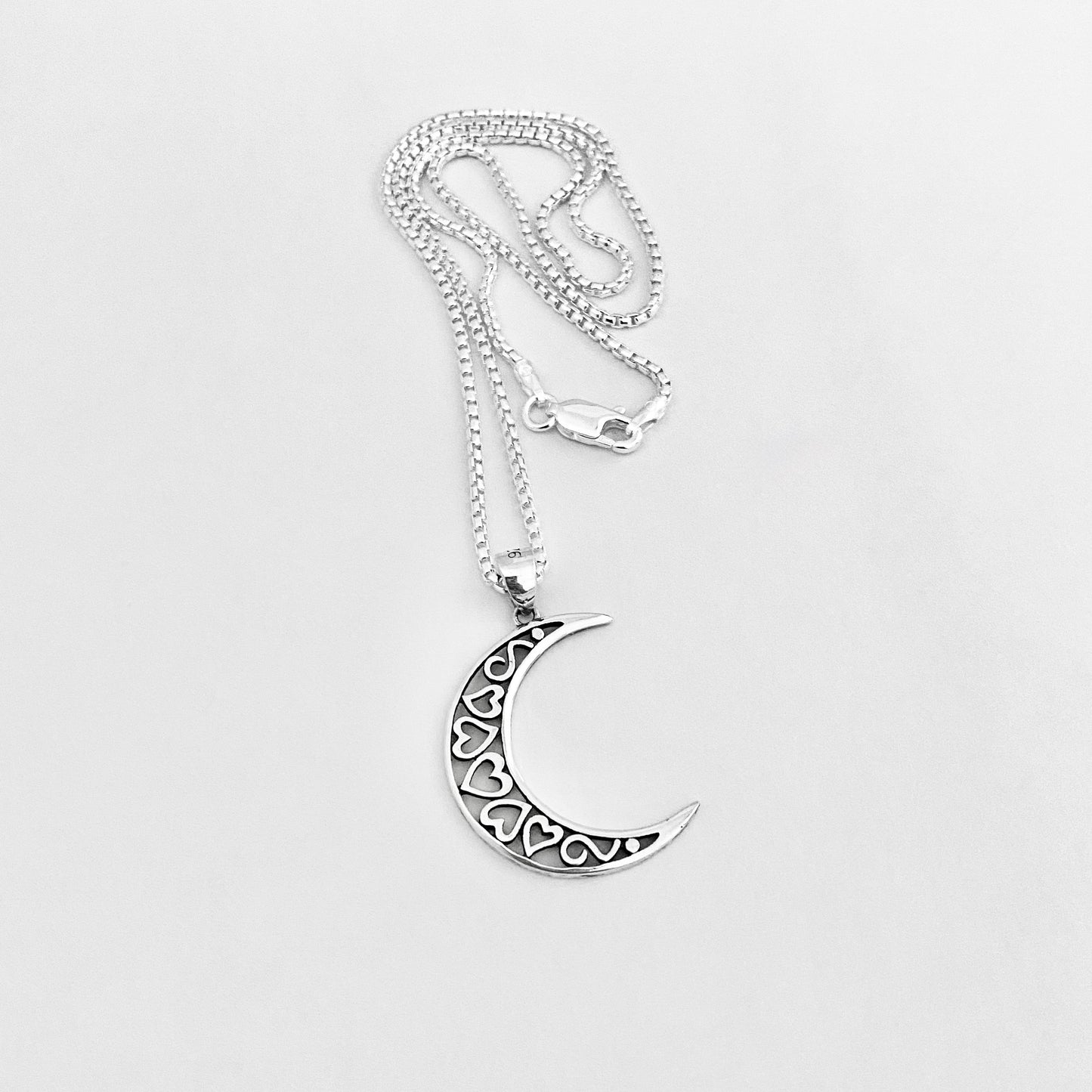 925 Sterling Silver Crescent Moon Hearts Necklace | Celestial & Love Jewelry