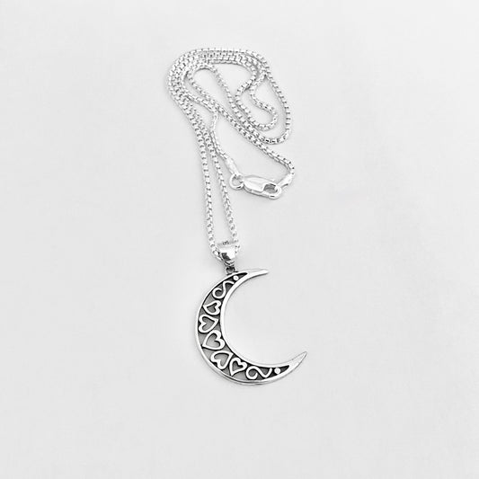925 Sterling Silver Crescent Moon Hearts Necklace | Celestial & Love Jewelry
