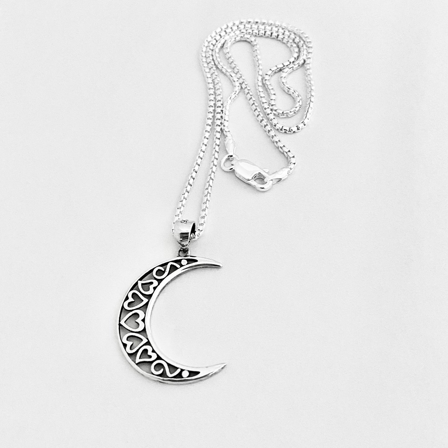 925 Sterling Silver Crescent Moon Hearts Necklace | Celestial & Love Jewelry