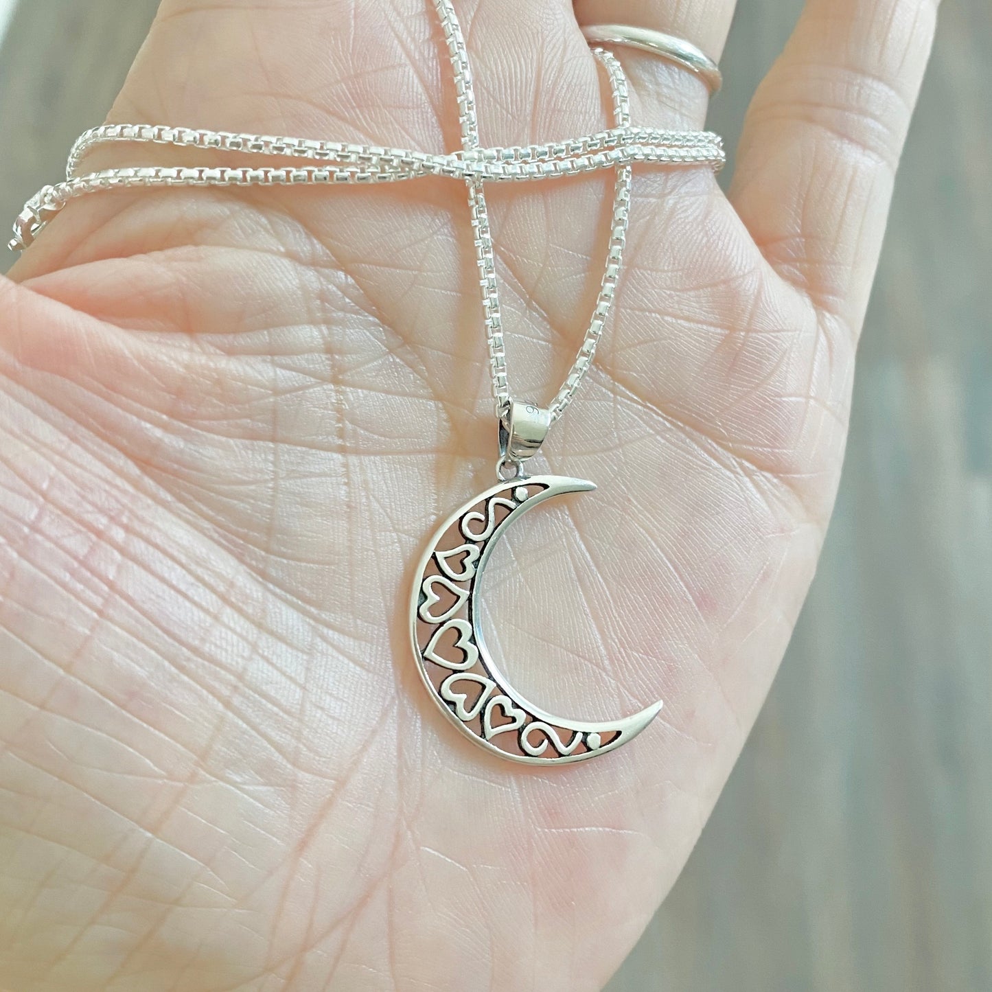 925 Sterling Silver Crescent Moon Hearts Necklace | Celestial & Love Jewelry