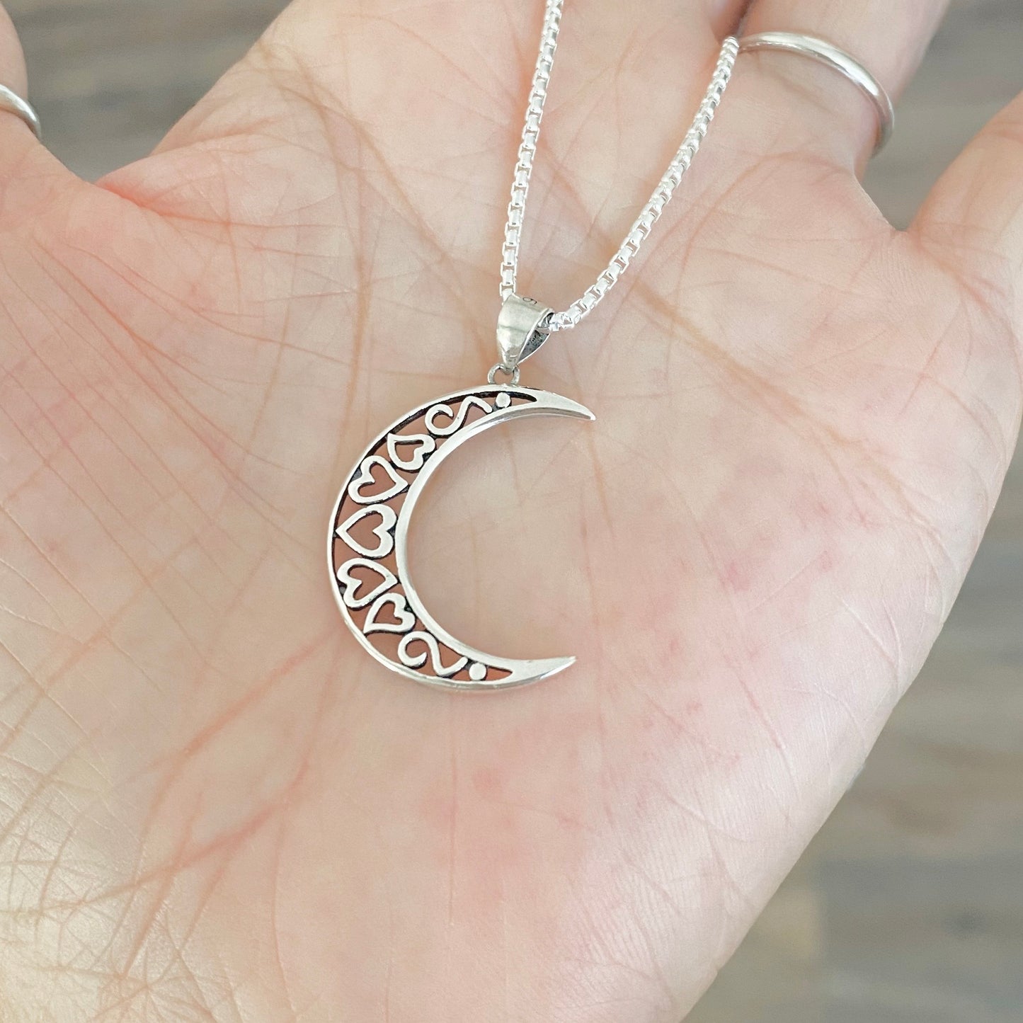 925 Sterling Silver Crescent Moon Hearts Necklace | Celestial & Love Jewelry