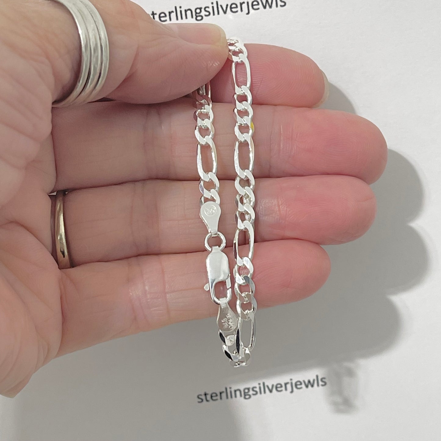 Sterling Silver Unisex High Polish 4mm Italian Figaro Bracelet, Link Chain, Silver Bracelets, Anklets