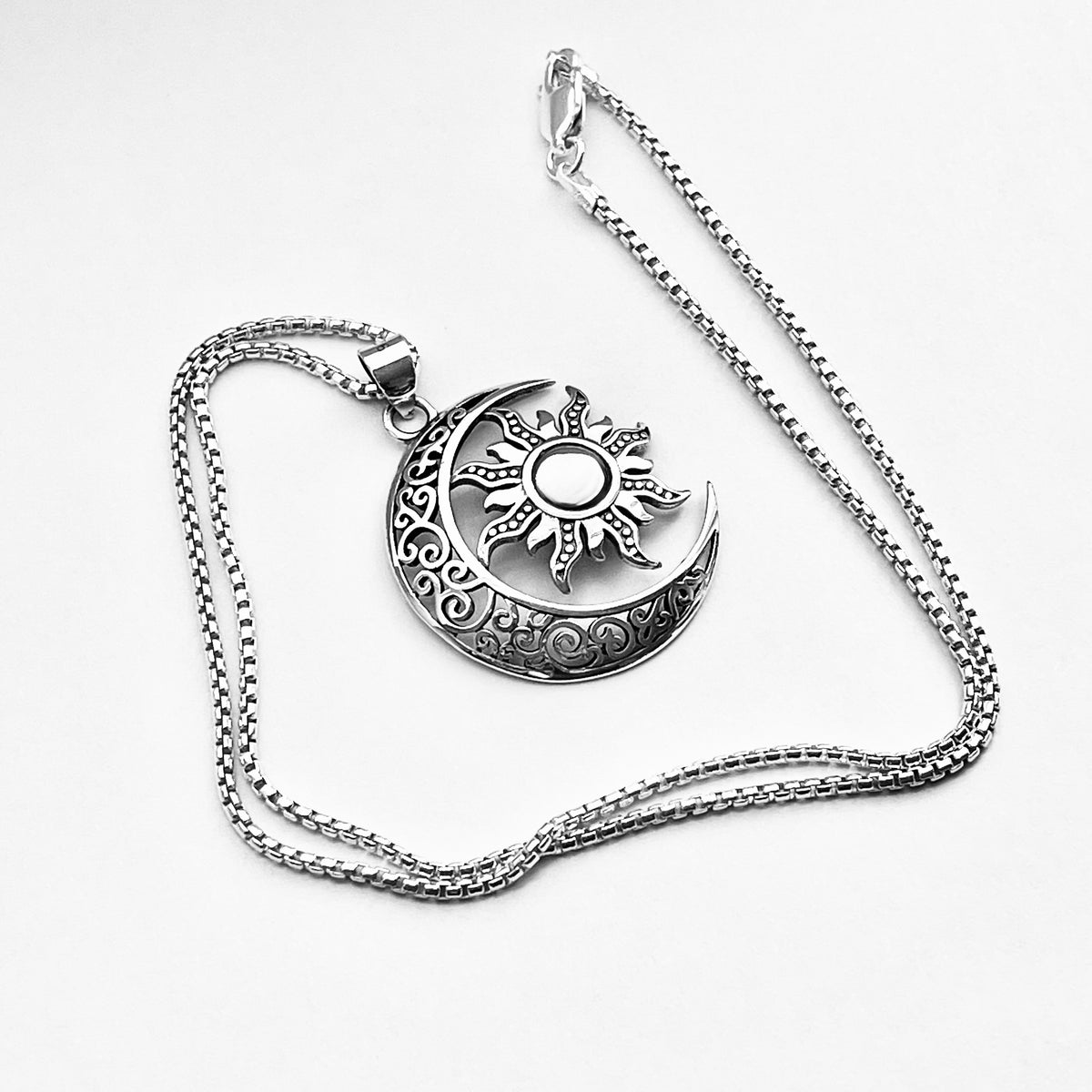 925 Sterling Silver Filigree Crescent Moon and Sun Necklace | Statement Celestial Pendant Chain