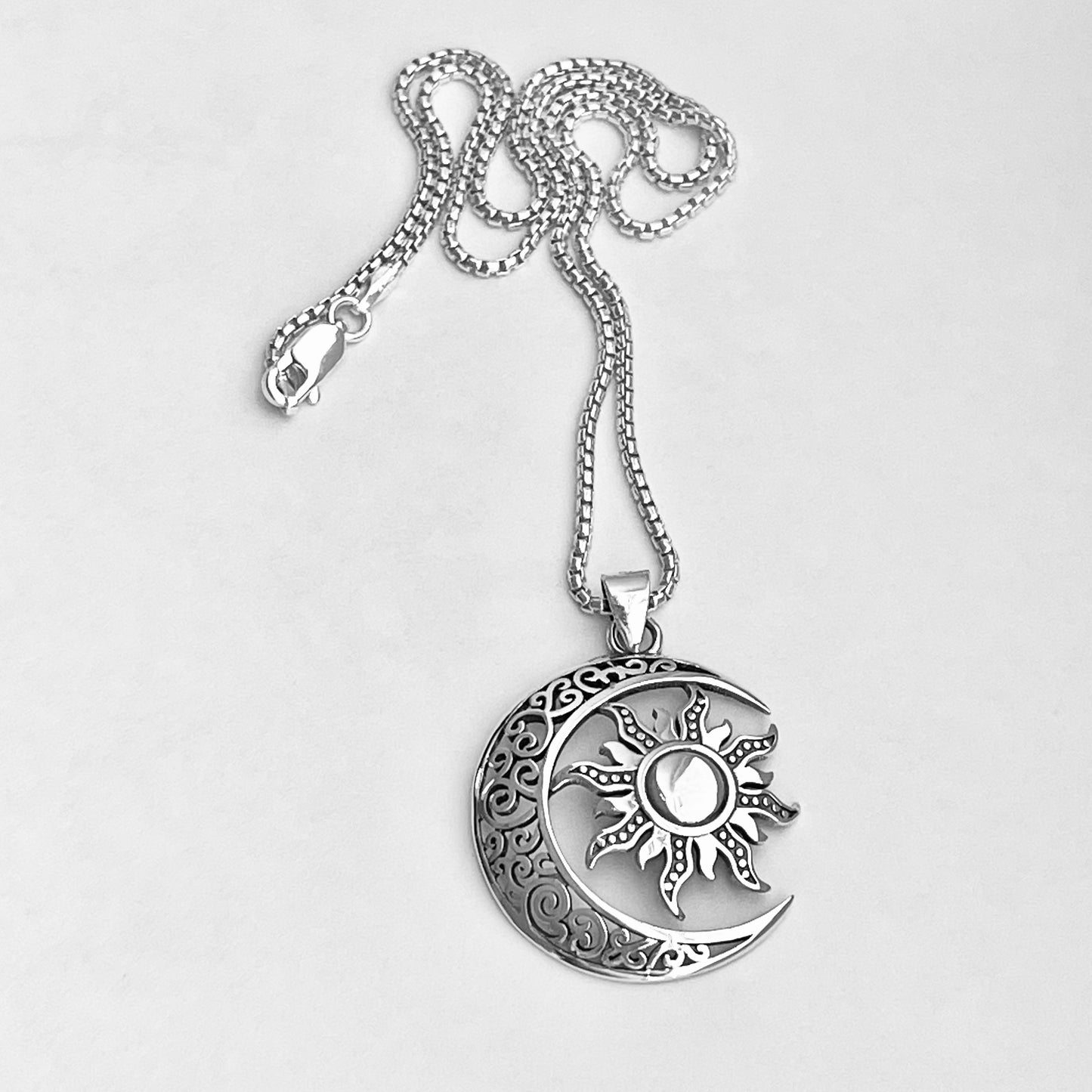 Sterling Silver Large Filigree Crescent Moon and Star Necklace, Celestial Silver Necklaces