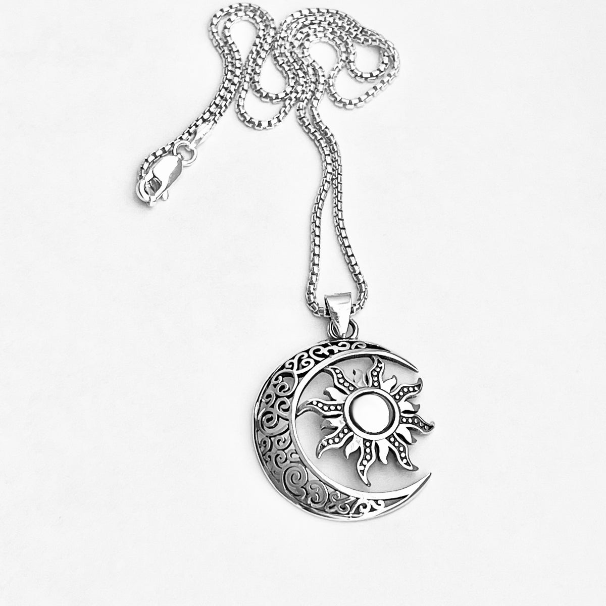 925 Sterling Silver Filigree Crescent Moon and Sun Necklace | Statement Celestial Pendant Chain