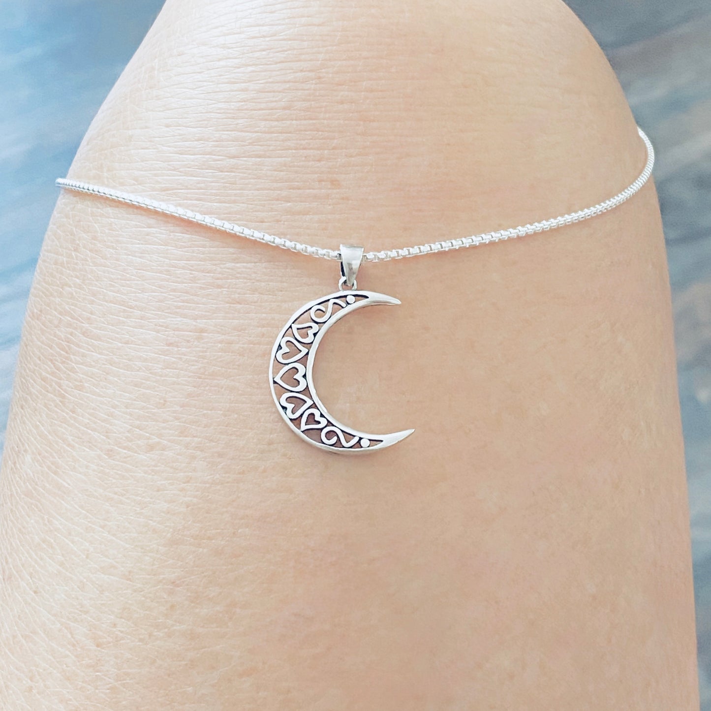 925 Sterling Silver Crescent Moon Hearts Necklace | Celestial & Love Jewelry