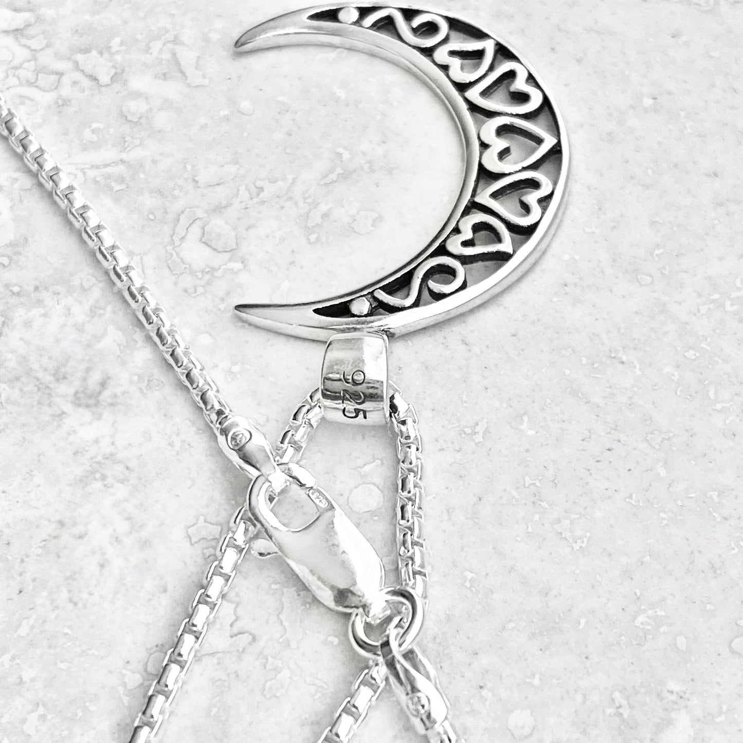 925 Sterling Silver Crescent Moon Hearts Necklace | Celestial & Love Jewelry