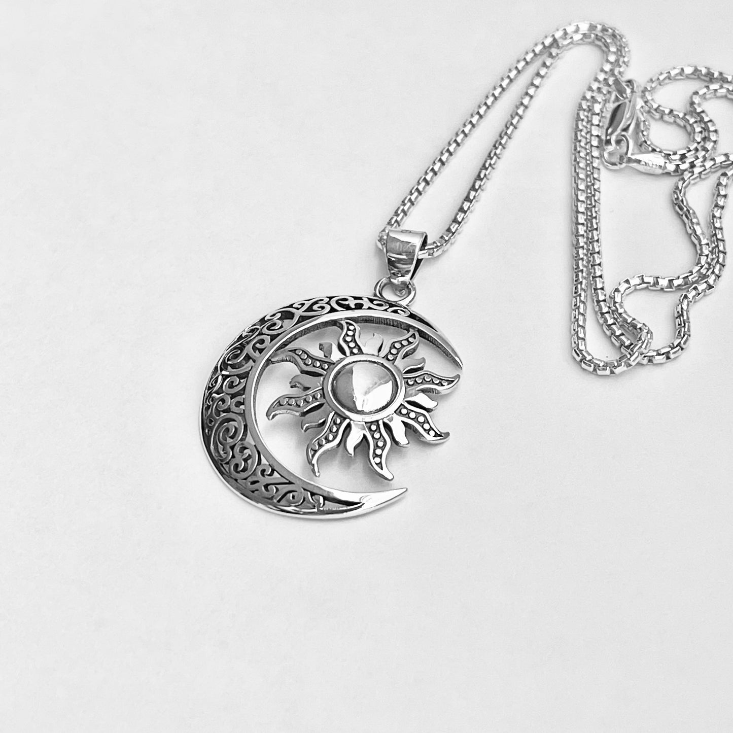 Sterling Silver Large Filigree Crescent Moon and Star Necklace, Celestial Silver Necklaces