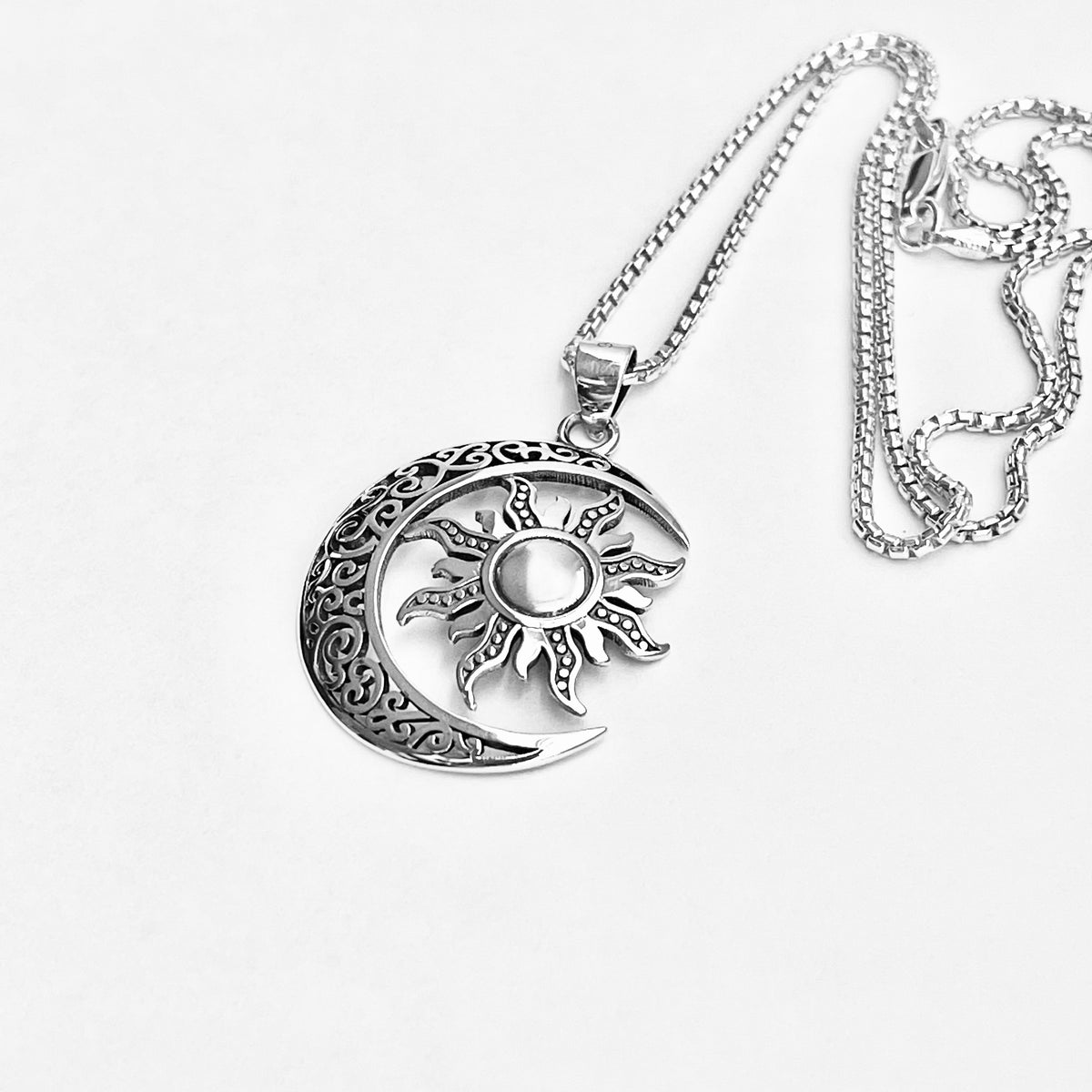 925 Sterling Silver Filigree Crescent Moon and Sun Necklace | Statement Celestial Pendant Chain