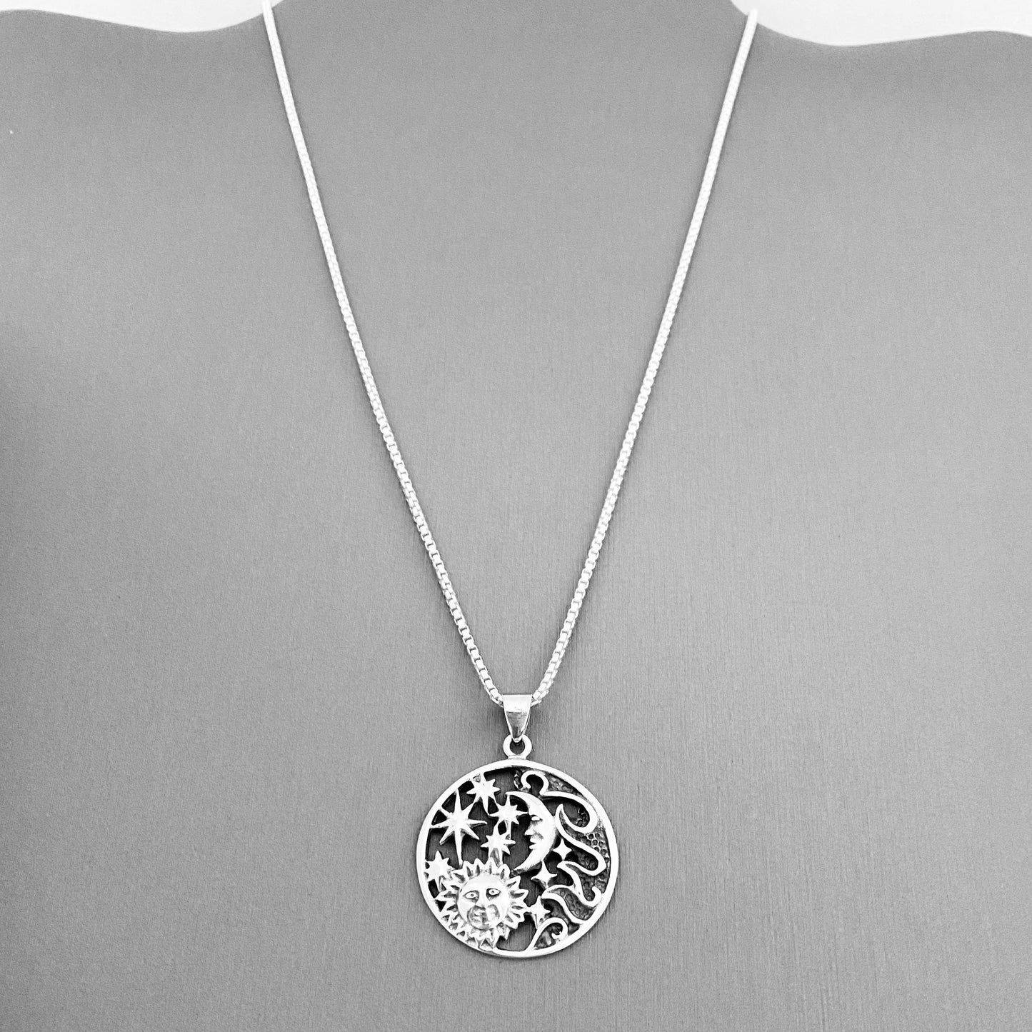 Sterling Silver Statement Celestial Necklace, Sun/Moon/Stars Jewelry