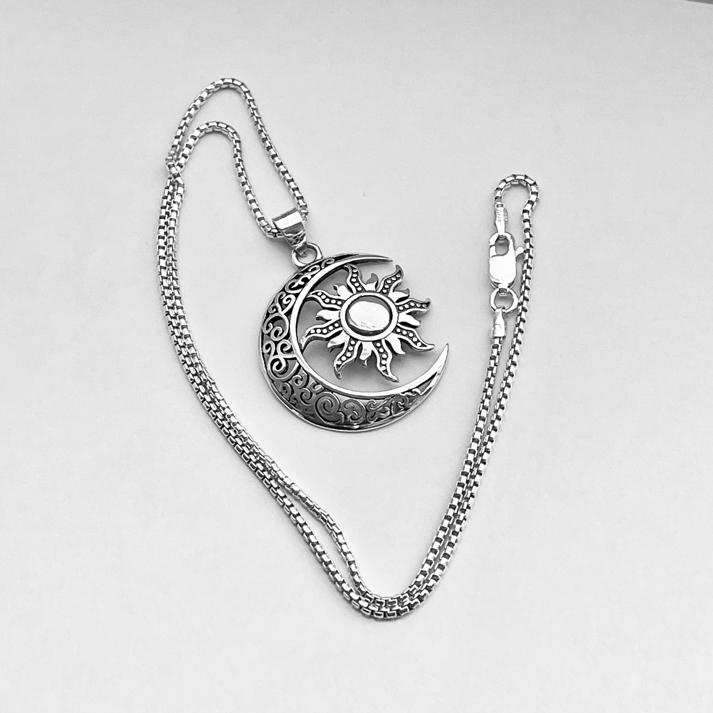 Sterling Silver Large Filigree Crescent Moon and Star Necklace, Celestial Silver Necklaces