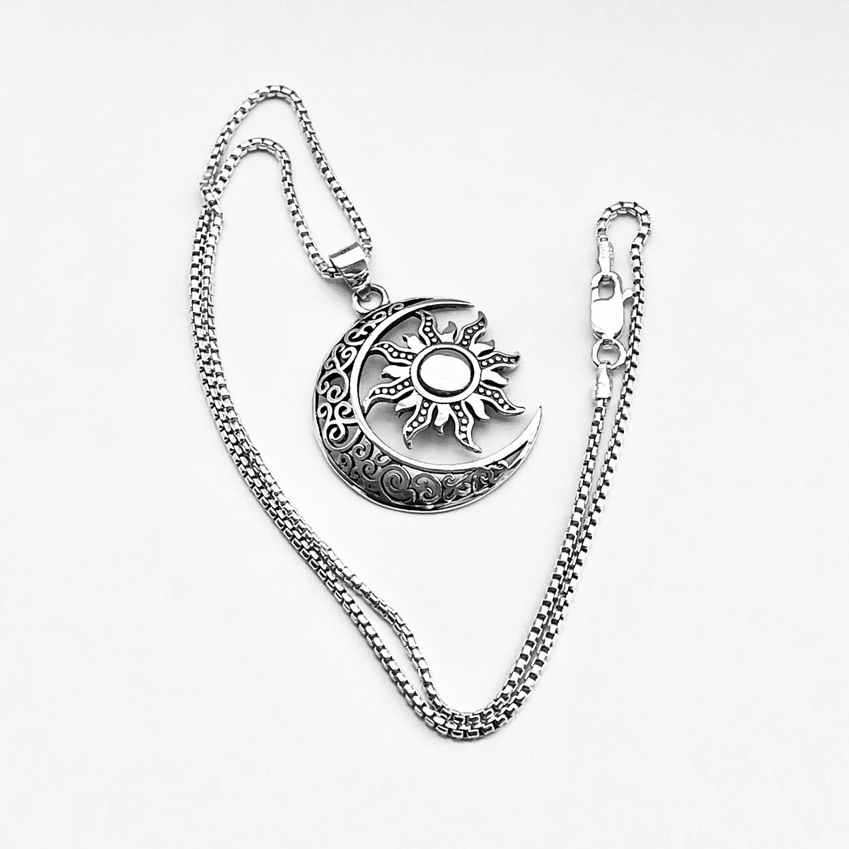 925 Sterling Silver Filigree Crescent Moon and Sun Necklace | Statement Celestial Pendant Chain