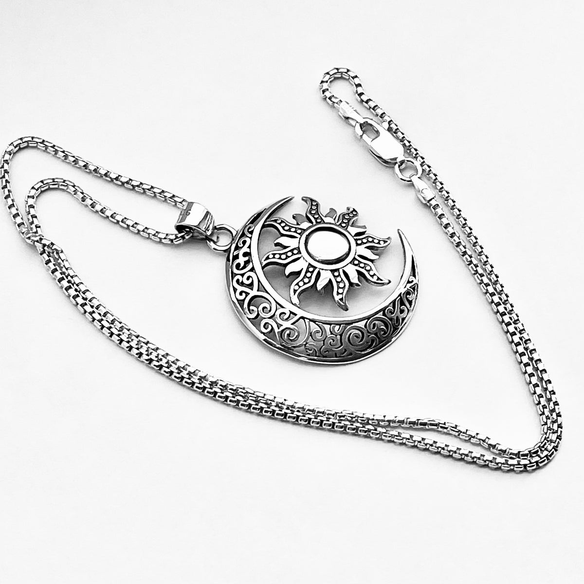 925 Sterling Silver Filigree Crescent Moon and Sun Necklace | Statement Celestial Pendant Chain