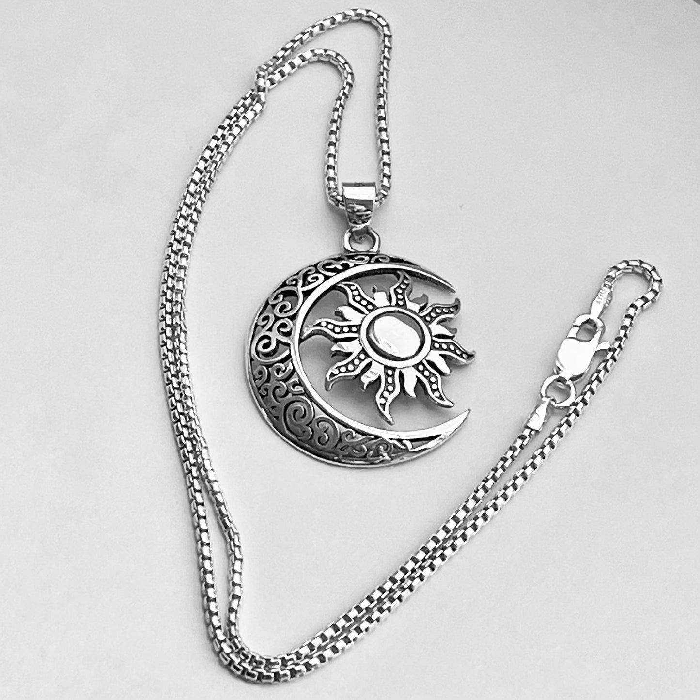 Sterling Silver Large Filigree Crescent Moon and Star Necklace, Celestial Silver Necklaces