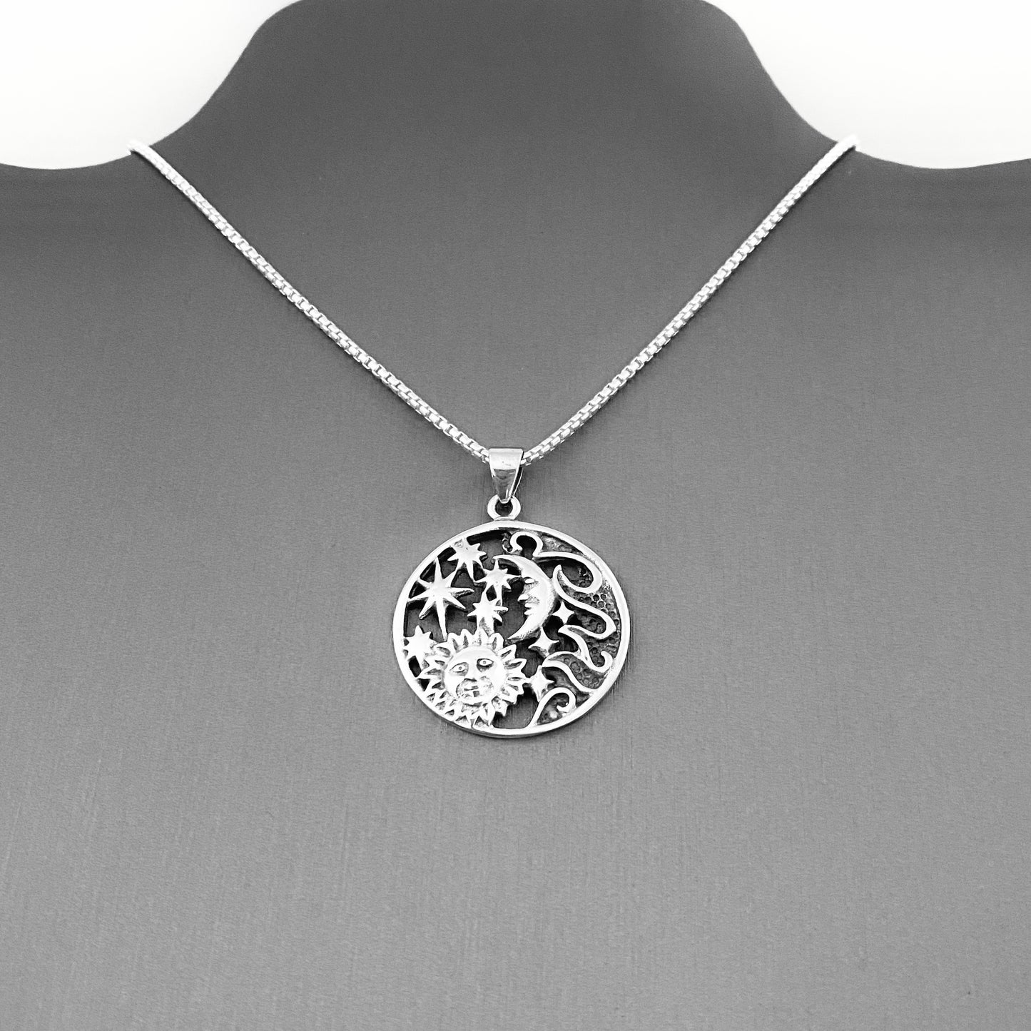 Sterling Silver Statement Celestial Necklace, Sun/Moon/Stars Jewelry