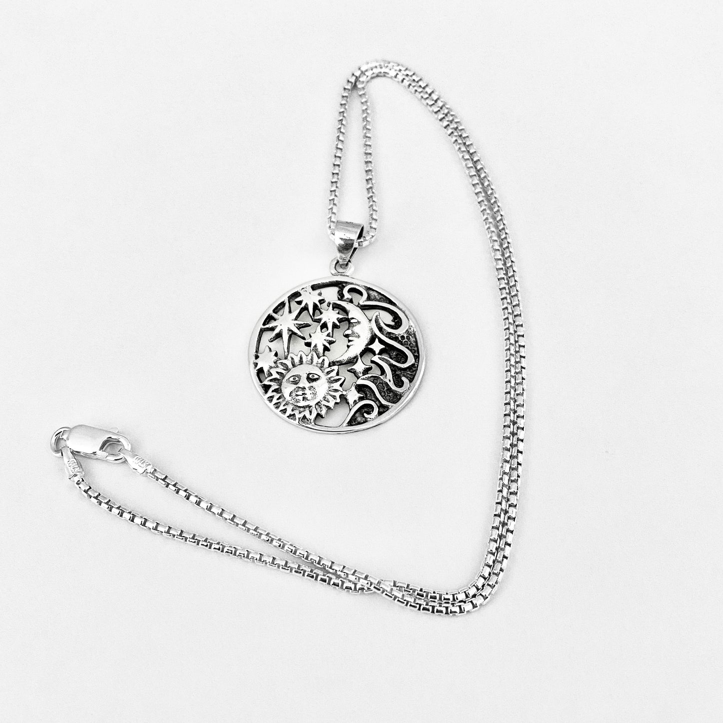 Sterling Silver Statement Celestial Necklace, Sun/Moon/Stars Jewelry