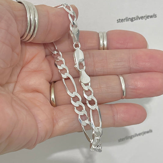 Sterling Silver Unisex High Polish 6mm Italian Figaro Bracelet, Link Chain, Silver Bracelets, Anklets