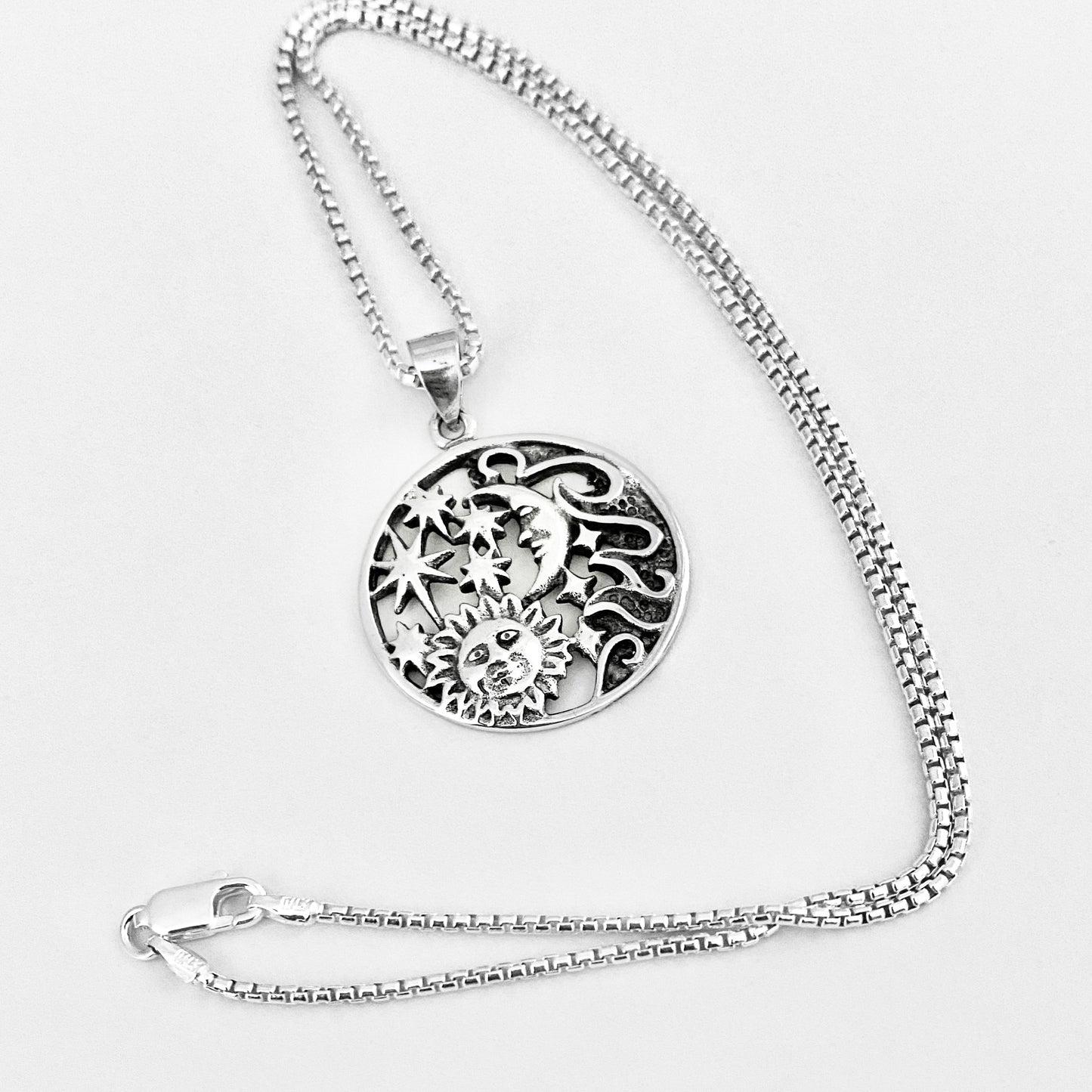 Sterling Silver Statement Celestial Necklace, Sun/Moon/Stars Jewelry