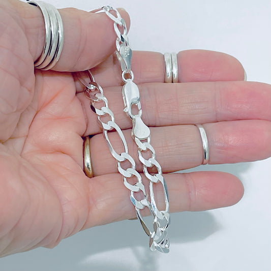 925 Sterling Silver Unisex High Polish Italian Figaro Bracelet | 6mm Link Chain Bracelets Anklets