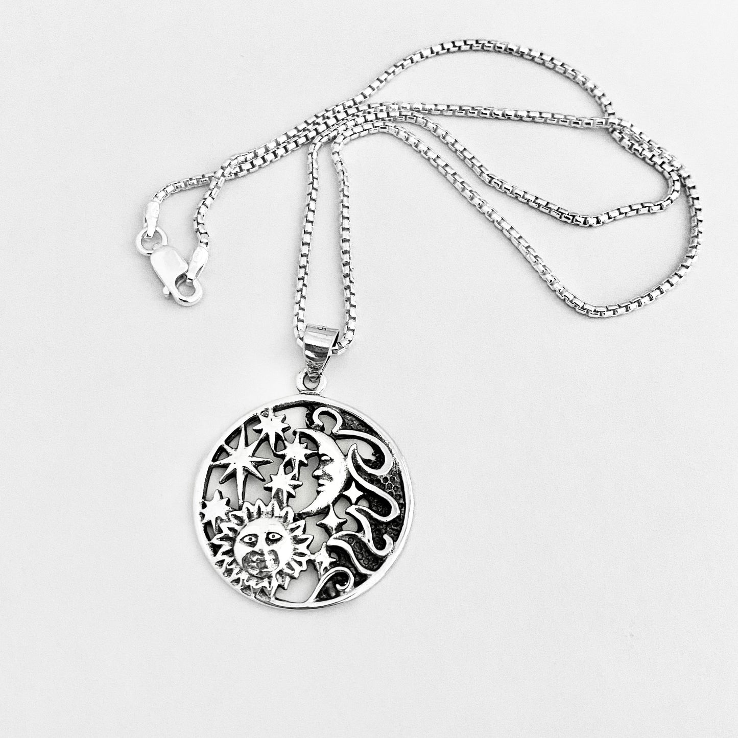 Sterling Silver Statement Celestial Necklace, Sun/Moon/Stars Jewelry