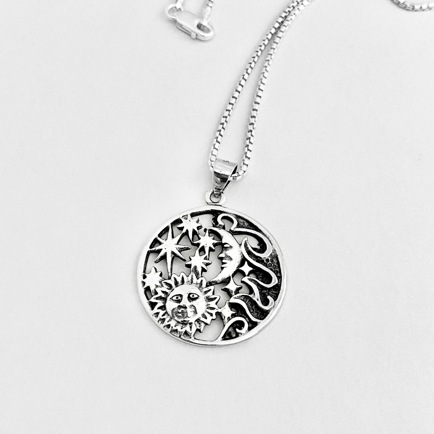 Sterling Silver Statement Celestial Necklace, Sun/Moon/Stars Jewelry