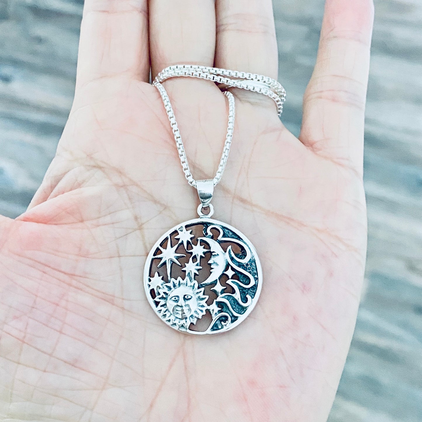 Sterling Silver Statement Celestial Necklace, Sun/Moon/Stars Jewelry