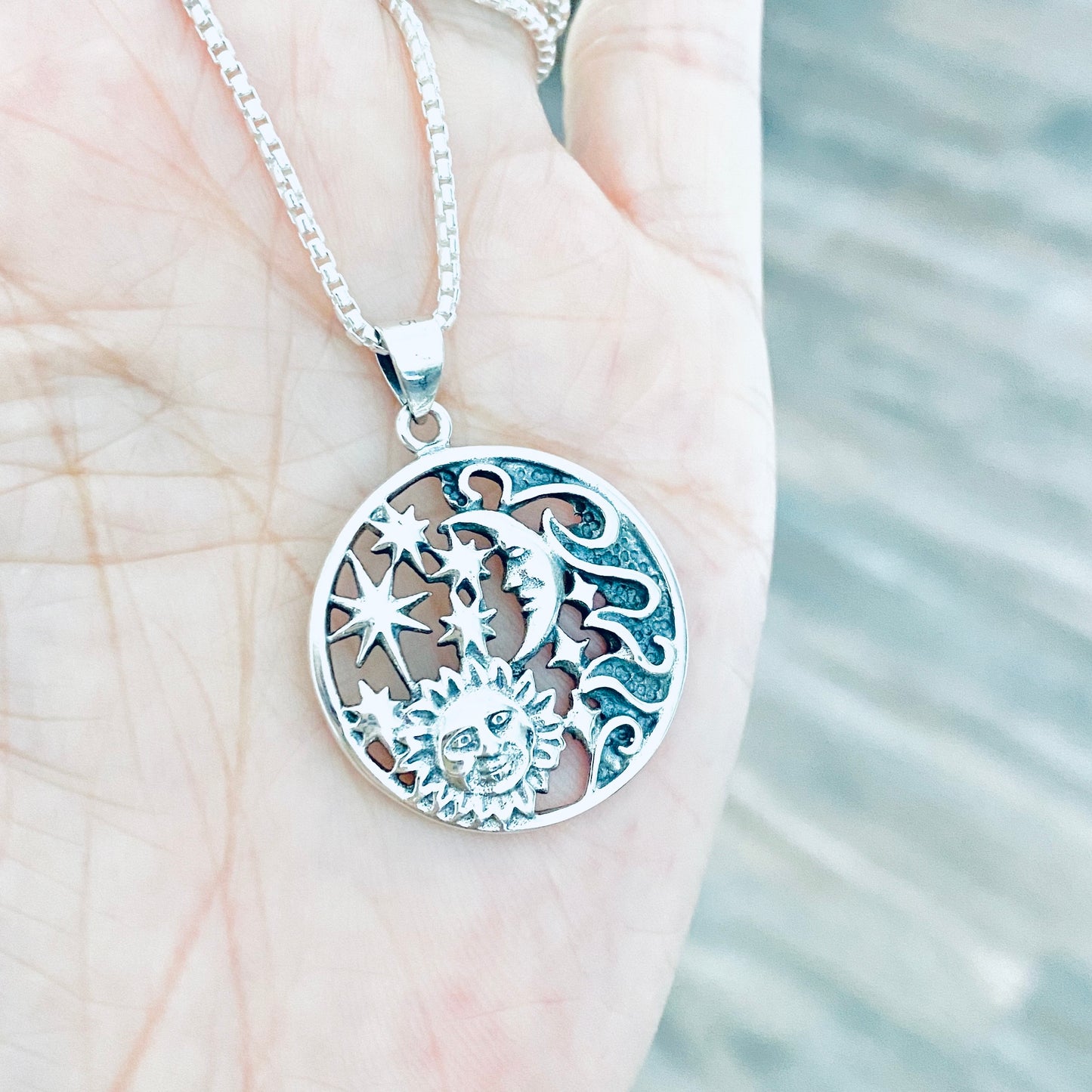 Sterling Silver Statement Celestial Necklace, Sun/Moon/Stars Jewelry