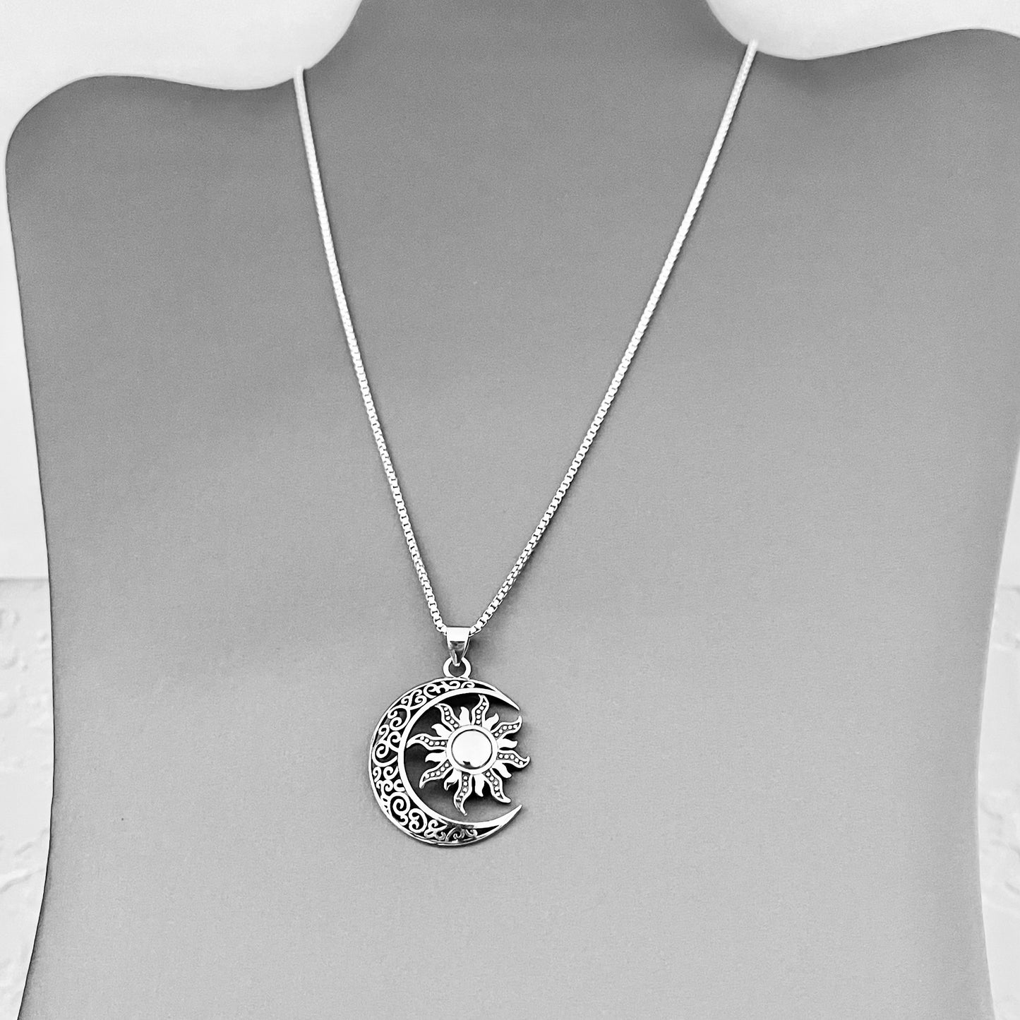 Sterling Silver Large Filigree Crescent Moon and Star Necklace, Celestial Silver Necklaces