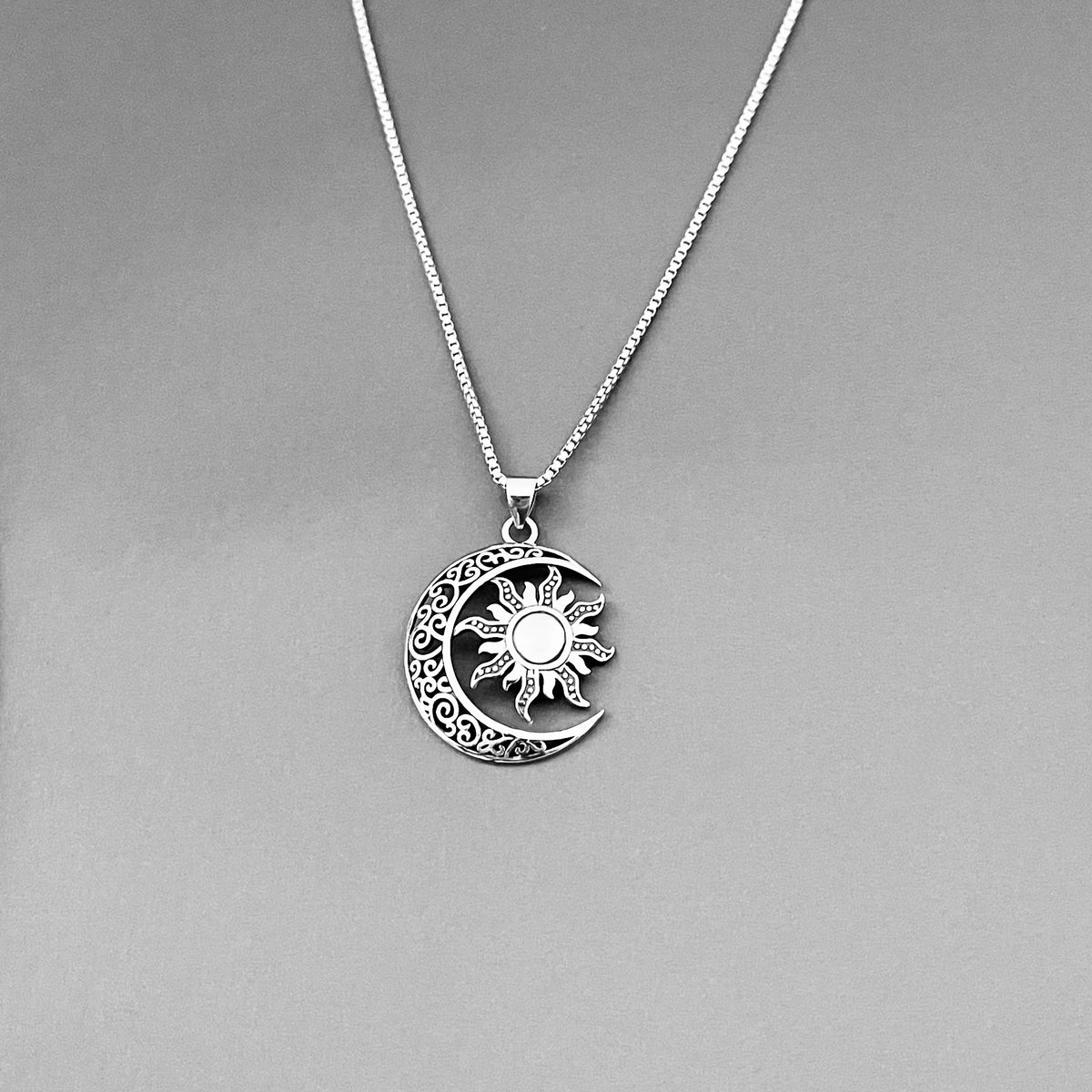 925 Sterling Silver Filigree Crescent Moon and Sun Necklace | Statement Celestial Pendant Chain