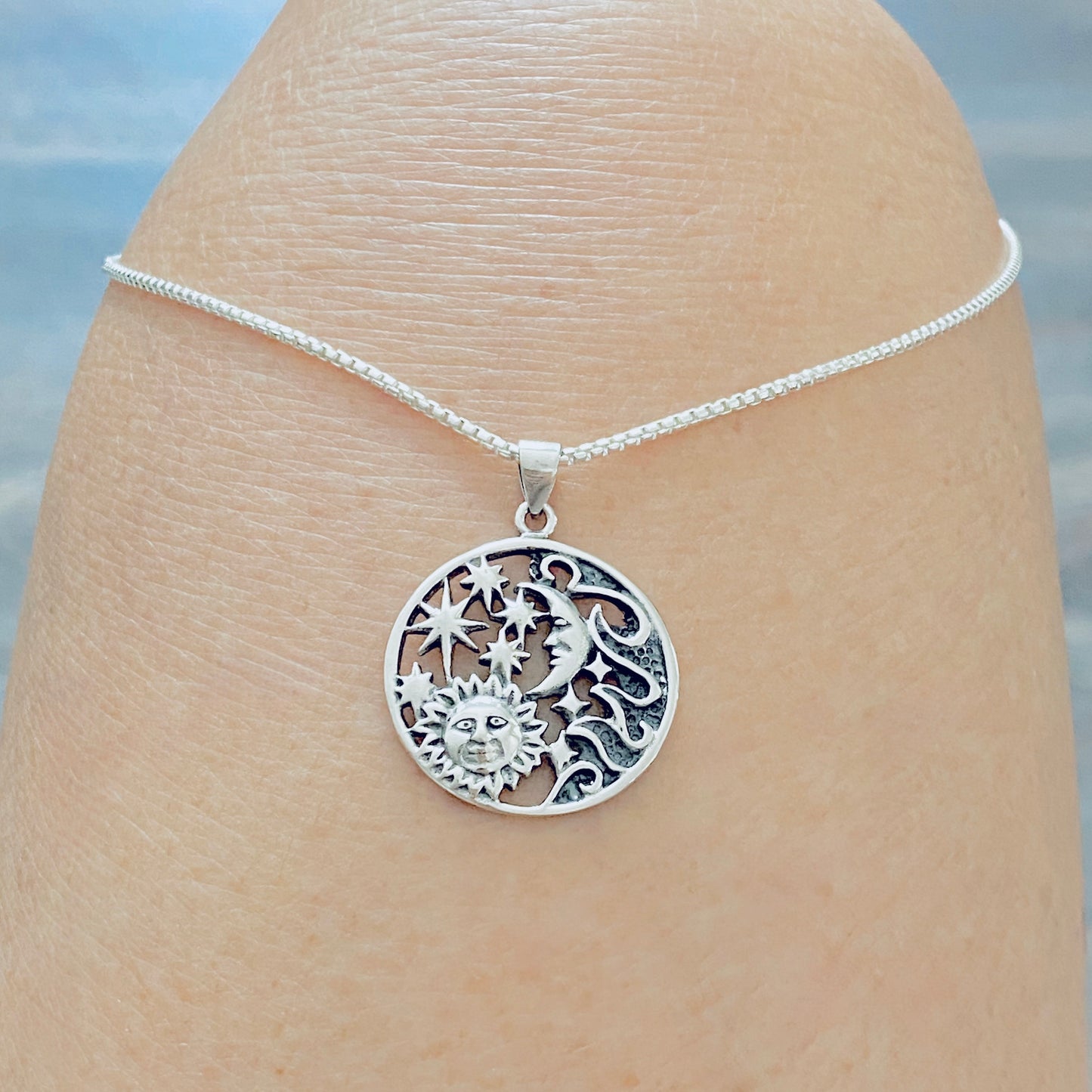 Sterling Silver Statement Celestial Necklace, Sun/Moon/Stars Jewelry