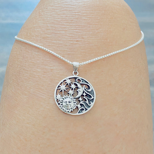 Sterling Silver Statement Celestial Necklace, Sun/Moon/Stars Jewelry