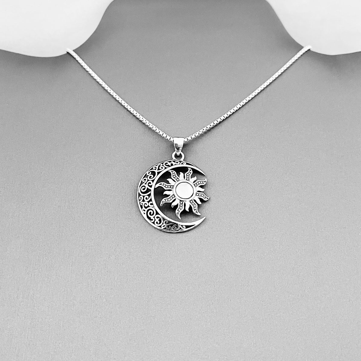 925 Sterling Silver Filigree Crescent Moon and Sun Necklace | Statement Celestial Pendant Chain