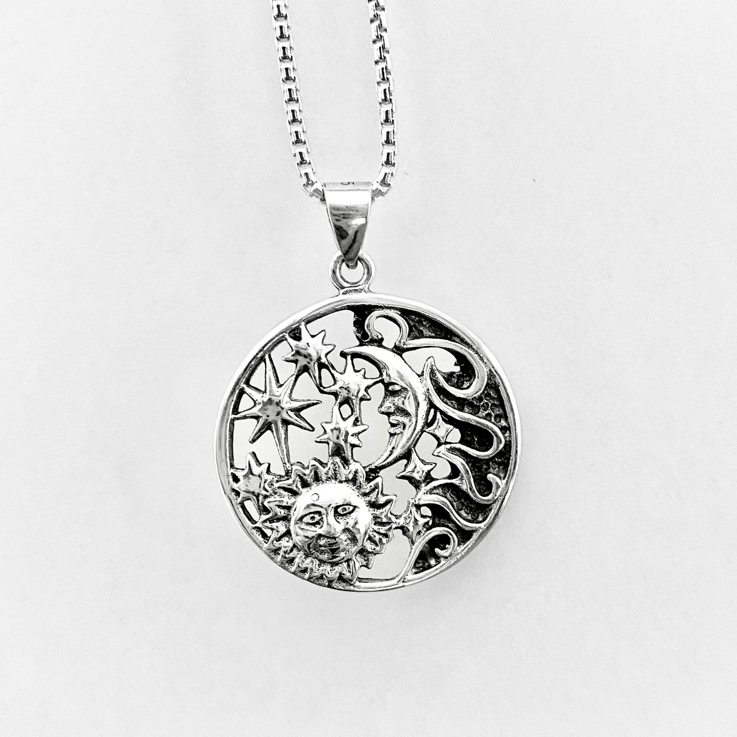 Sterling Silver Statement Celestial Necklace, Sun/Moon/Stars Jewelry