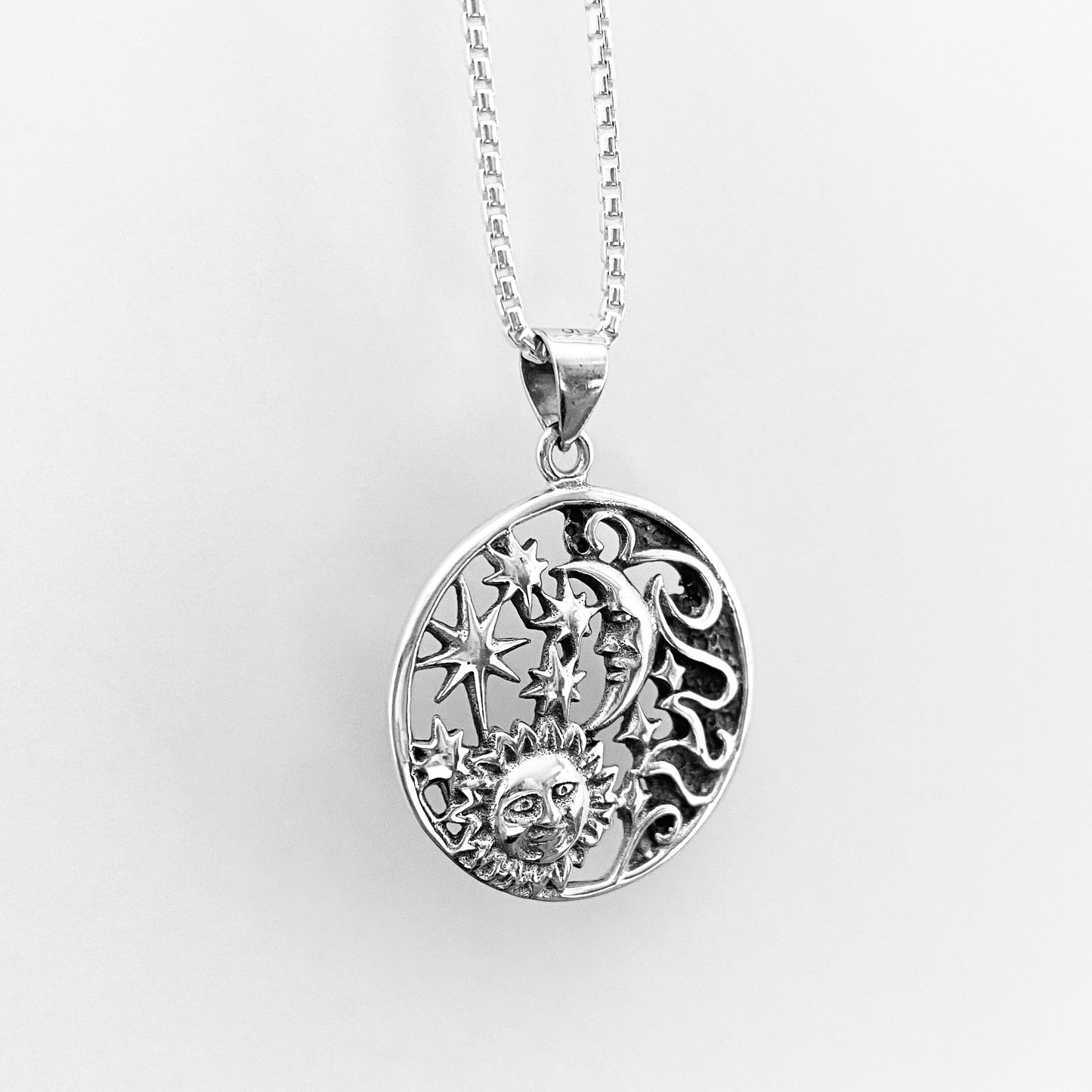 Sterling Silver Statement Celestial Necklace, Sun/Moon/Stars Jewelry